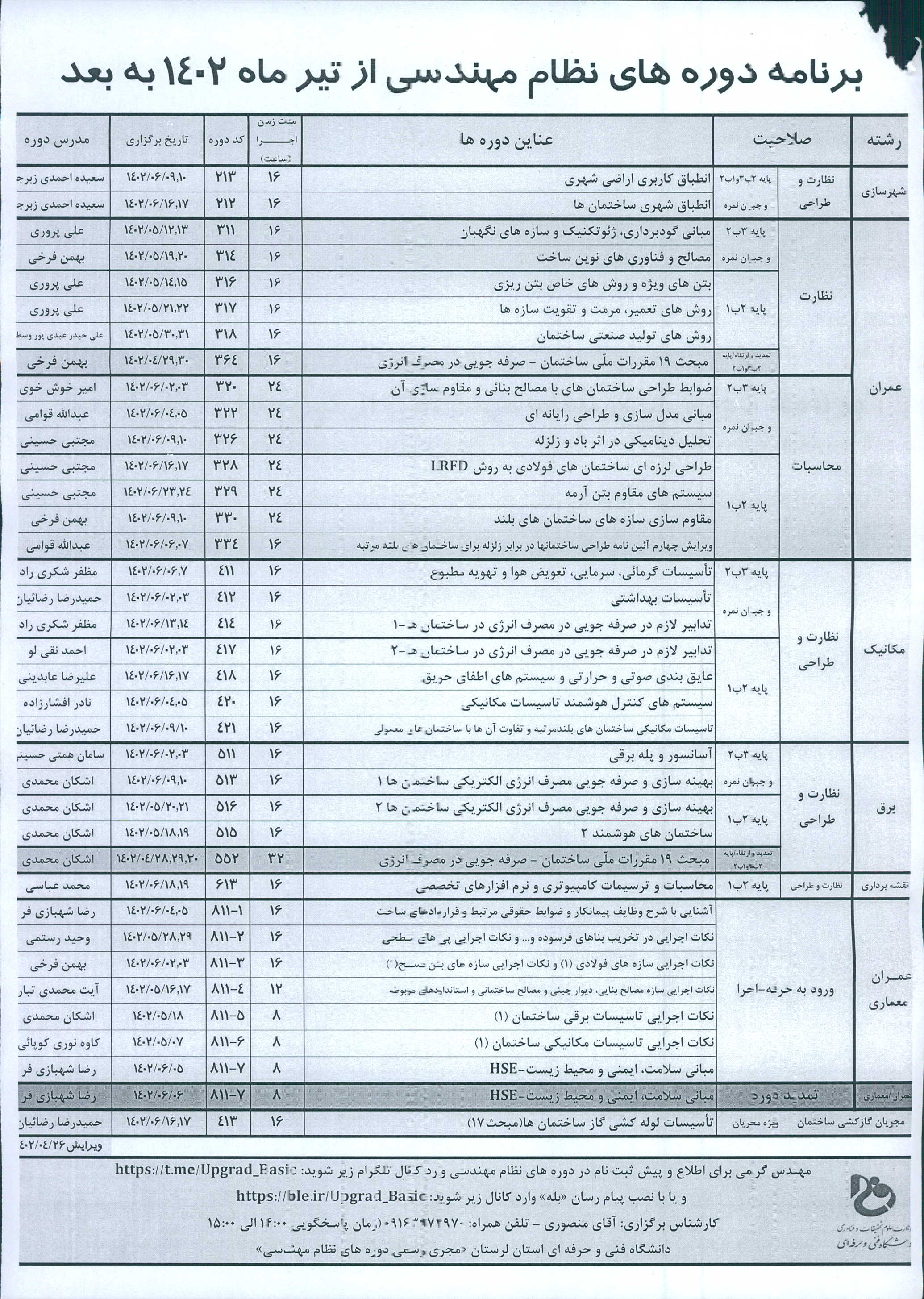 برنامه دوره های آموزشی از تیر ماه در سال 1402 به بعد