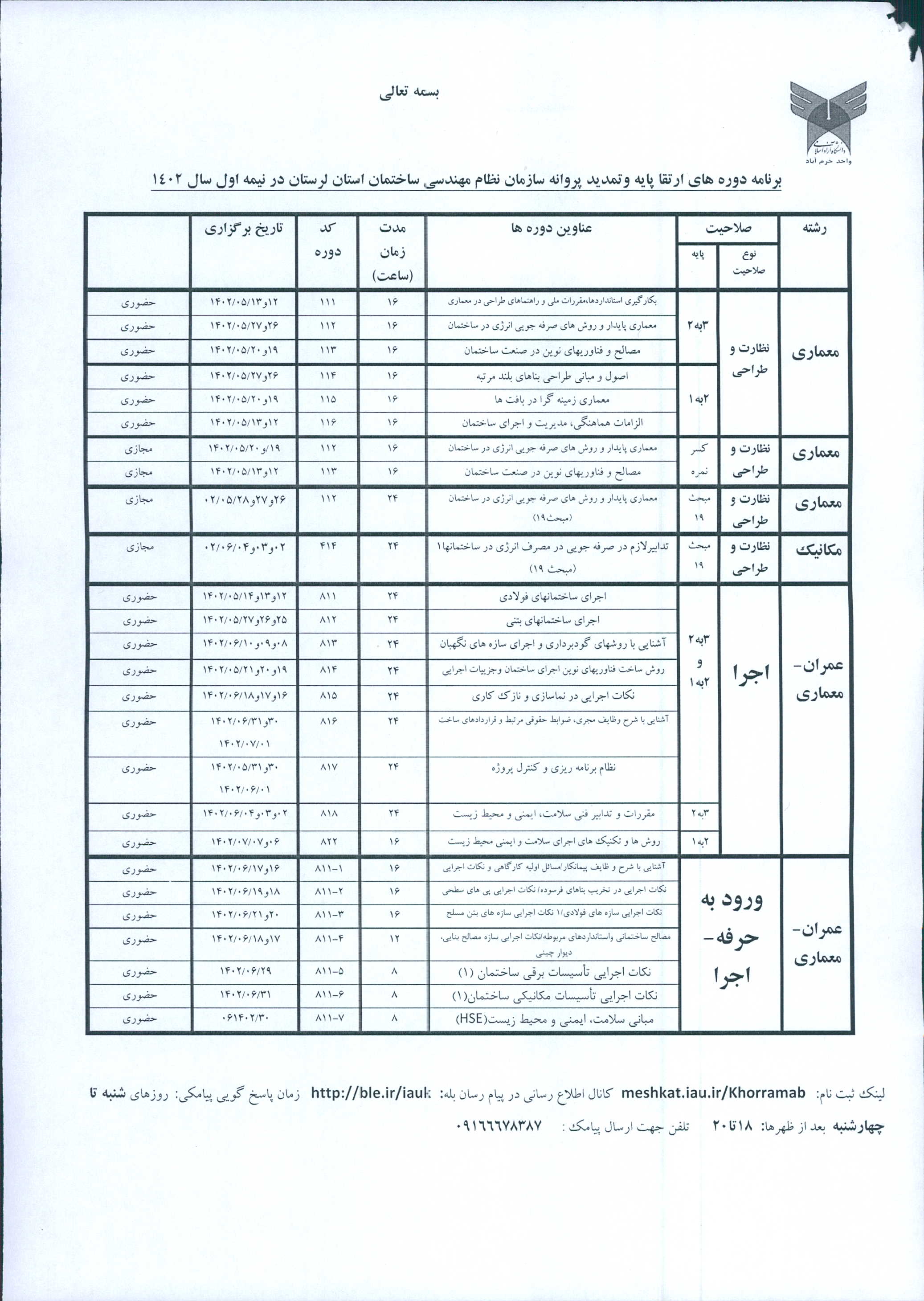 برنامه دوره های آموزشی از تیر ماه در سال 1402 به بعد