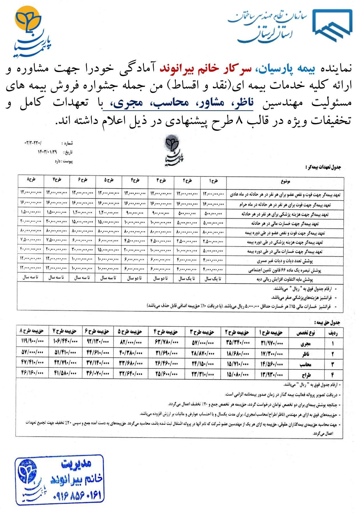 جشواره فروش بیمه های مسئولیت مهندسین ناظر، مشاور، محاسب، مجری، در دفتر نمایندگی بیمه پارسیان
