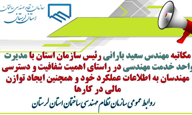 مکاتبه مهندس سعید بارانی رئیس سازمان استان با مدیرت واحد خدمت مهندسی در راستای اهمیت شفافیت و دسترسی مهندسان به اطلاعات عملکرد خود و همچنین ایجاد توازن مالی در کارها